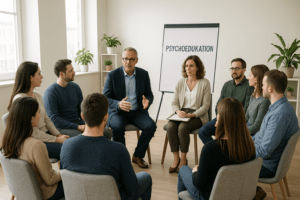 DBT-Therapie ist Psychoedukation mit zwei Therapeuten in einem kleinen Kreis von Patienten