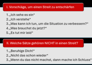 Übersicht über die Sätze, die man in einem Streit sagen sollte und diejenigen die am besten vermieden werden sollten