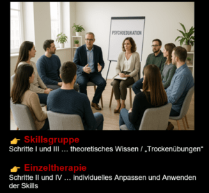 DBT-Therapie Die Therapeuten unterteilen sich diese in die Skillsgruppe und die Einzeltherapie