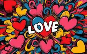 Love Bombing - Das Bild zeigt eine Vielzahl von bunten Herzen. In der Mitte der SChriftzug LOVE
