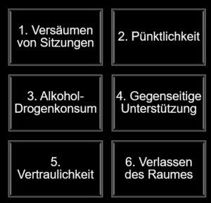 Die Gruppenregeln in der DBT zum Thema Anwesenheit, Pünktlichkeit, Alkohol und Drogen, gegenseitige Unterstützung, Vertraulichkeit, Verlassen des Raumes während der Sitzung