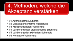 Methoden in der DBT-Therapie, welche die Akzeptanz verstärken
	V1 Aufmerksames Zuhören
	V2 Modalitätenkonforme Validierung
	V3 Kreuzmodalitäten-Validierung
	V4 Validierung über biographische Erfahrung
	V5 Validierung der aktivierten Schemata
	V6 Normative Validierung
