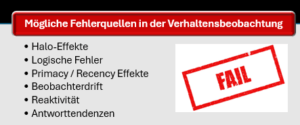 Mögliche Fehlerquellen in der Verhaltensbeobachtung
	Halo-Effekte
	Logische Fehler
	Primacy / Recency Effekte
	Beobachterdrift
	Reaktivität
	Antworttendenzen
