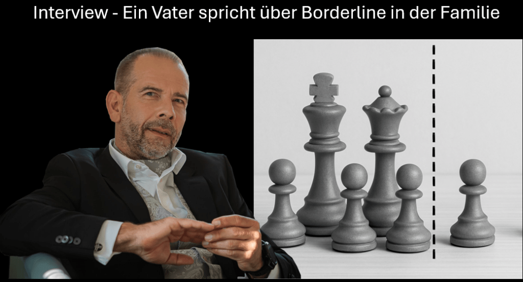 Das Bild zeigt Marcus Jähn und eine symbolhafte Familie, dargestellt durch Schachfiguren und einem Trennungsstrich zwischen einem Familienmitglied und dem Rest der Familie